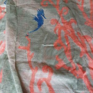 Scarf Olive/blue/orange sea horse and corals cotton/linen blend 65x18 in